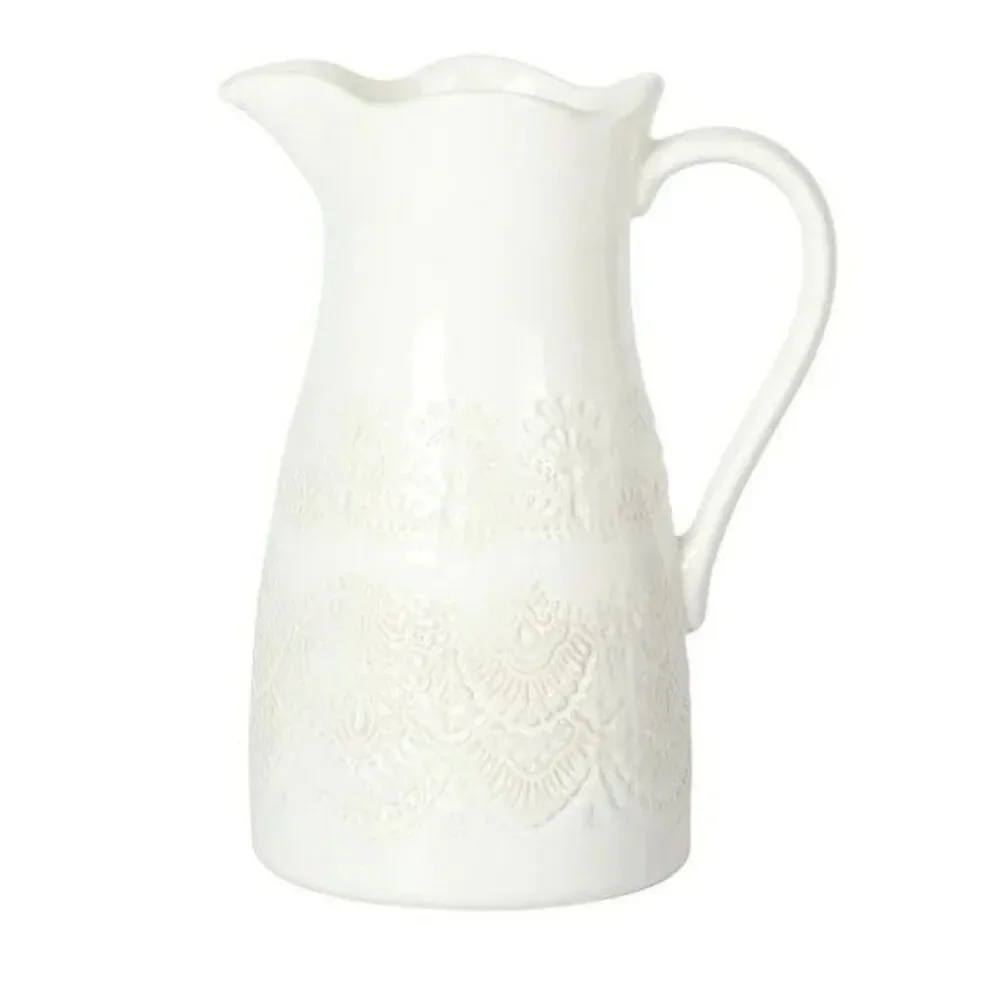 Pioneer Woman Vintage Lace Linen 9 inch White Ceramic Pitcher New